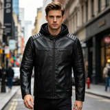 Janbo Men's Trendy Hooded Leather Jacket